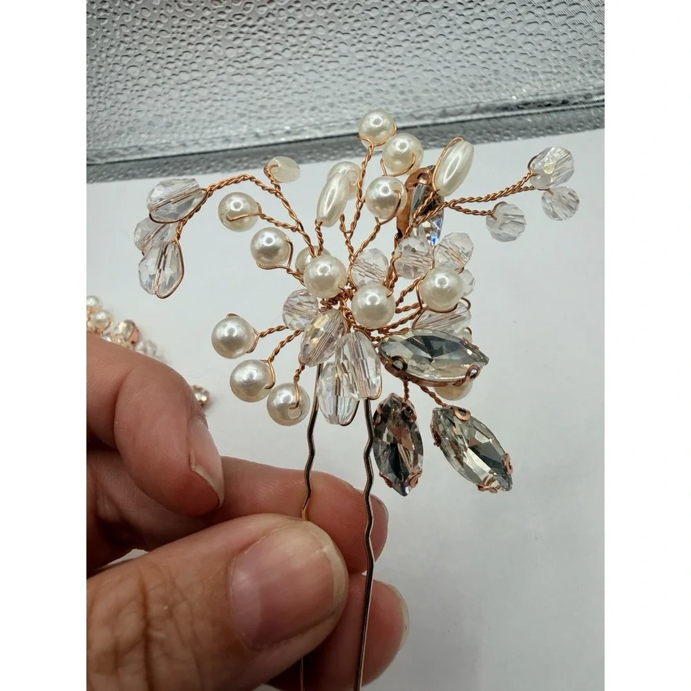 Set of 2 Rose Gold Tone Faux Pearl and Crystal Bridal Hair Pins Wedding Acc